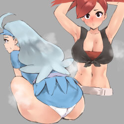 Rule 34 | 2girls, absurdres, armpits, arms up, ass, blue hair, blush, breasts, cleavage, creatures (company), flannery (pokemon), from behind, game freak, grey background, highres, kahili (pokemon), large breasts, long hair, midriff, multiple girls, multiple views, navel, nintendo, panties, pokemon, pokemon oras, pokemon sm, red hair, sitting, skirt, steam, sweat, underwear, visor cap, yotamono