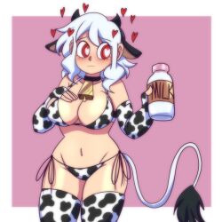 Rule 34 | 1girl, absurdres, animal ears, animal print, bikini, bottle, breasts, bright pupils, cow ears, cow print, cow tail, cowbell, cowboy shot, demon girl, demon horns, elbow gloves, female focus, fingerless gloves, gloves, hand on own chest, heart, heart-shaped pupils, helltaker, highres, holding, holding bottle, horns, large breasts, looking at viewer, lueduar, milk bottle, modeus (helltaker), navel, pink background, red eyes, ringed eyes, shiny skin, short hair, side-tie bikini bottom, solo, standing, swimsuit, symbol-shaped pupils, tail, thick thighs, thighs, white hair, white pupils, wide hips