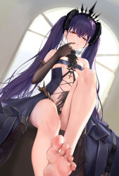 Rule 34 | 1girl, :q, absurdres, azur lane, bare legs, bare shoulders, barefoot, between legs, black dress, black gloves, breasts, commentary, cross, cross-laced clothes, cross-laced dress, crown, dress, elbow gloves, english commentary, feet, felix schultz (azur lane), finger to mouth, gloves, hair between eyes, half-closed eyes, hand between legs, hand up, highres, indoors, iron cross, knee up, legs, licking lips, long hair, midriff, nail polish, orange eyes, purple hair, purple nails, red eyes, revealing clothes, sitting, small breasts, smile, soles, solo, thighs, toes, tongue, tongue out, twintails, underboob, very long hair, zoppi