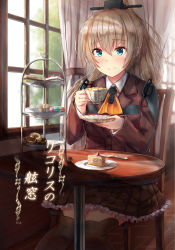 Rule 34 | 1girl, aqua eyes, ascot, blush, brown hair, brown skirt, brown thighhighs, cafe, cake, closed mouth, commentary request, cup, food, hair ornament, hairclip, headgear, highres, indoors, kantai collection, karo-chan, kumano (kancolle), long hair, looking at viewer, plate, pleated skirt, ponytail, remodel (kantai collection), saucer, school uniform, sitting, skirt, smile, solo, strawberry shortcake, table, thighhighs, tiered tray, window, wooden floor