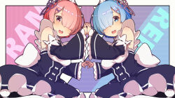 Rule 34 | 2girls, absurdres, blue eyes, blue hair, blush, border, commentary request, detached sleeves, female focus, frilled sleeves, frills, hair ornament, hair over one eye, hair ribbon, highres, holding hands, looking at viewer, maid, maid headdress, matching hair/eyes, multiple girls, open mouth, pink eyes, pink hair, pink ribbon, psyto qy2, purple ribbon, ram (re:zero), re:zero kara hajimeru isekai seikatsu, rem (re:zero), ribbon, ribbon-trimmed clothes, ribbon trim, roswaal mansion maid uniform, short hair, siblings, sisters, twins, white border, x hair ornament