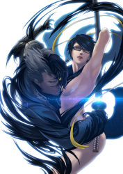 Rule 34 | 1boy, 1girl, absurdres, arm up, armpits, bayonetta, bayonetta, bayonetta (series), bayonetta 2, breasts, convenient censoring, crossover, devil may cry, devil may cry (series), devil may cry 3, glasses, highres, katana, licking lips, nelo angelo, nude, one eye closed, sheath, short hair, sideboob, smoke, sword, tongue, tongue out, transformation, vergil (devil may cry), weapon, wink