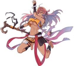 Rule 34 | 1girl, ahoge, ark order, artist request, barefoot, bracelet, braid, breasts, cane, crop top, dark-skinned female, dark skin, earrings, facial mark, full body, grin, holding, holding cane, jewelry, jumping, kuafu (ark order), large breasts, long hair, looking at viewer, multicolored hair, navel, official art, orange shirt, orange skirt, shirt, side braid, sidelocks, skirt, sleeveless, sleeveless shirt, smile, solo, stomach tattoo, tachi-e, tattoo, thigh strap, transparent background, tribal, twin braids, underboob, yellow eyes
