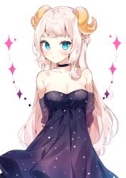 Rule 34 | 1girl, :&lt;, arms behind back, bare shoulders, black choker, black dress, blue eyes, braid, breasts, cheli (kso1564), choker, closed mouth, collarbone, cowboy shot, curled horns, detached sleeves, dress, eyelashes, french braid, highres, horns, light blush, long hair, looking at viewer, medium breasts, original, raised eyebrows, see-through, see-through sleeves, simple background, solo, straight hair, strapless, strapless dress, swept bangs, turning head, white background, white hair