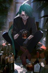Rule 34 | 00kashian00, 1girl, absurdres, ahoge, alcohol, black gloves, black pants, black shirt, bookshelf, boots, brown footwear, closed mouth, collared shirt, commentary, creatures (company), crossed ankles, cup, earrings, game freak, glass, gloves, green hair, half-closed eyes, highres, holding, holding cup, indoors, jewelry, long hair, looking down, nintendo, pants, pokemon, pokemon sv, ponytail, red eyes, rika (pokemon), shirt, sitting, solo, stud earrings, symbol-only commentary