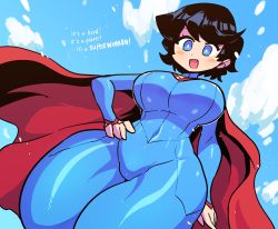 Rule 34 | 1girl, bodysuit, boots, breasts, bright pupils, cape, clara kent, dc comics, gender request, genderswap, hand on own hip, highres, hiryou man (crap-man), skin tight, solo, standing, superman (series), superwoman, thighs