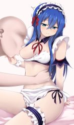 Rule 34 | 1boy, 1girl, apron, arm strap, astarte (strike the blood), blue eyes, blue hair, bow, bra, bra lift, breast sucking, breasts, closed mouth, detached collar, faceless, faceless male, hair between eyes, hair bow, highres, long hair, maid, maid headdress, medium breasts, neck ribbon, panties, red bow, red ribbon, ribbon, side-tie panties, sleeveless, solo focus, strike the blood, striped bra, striped clothes, sweatdrop, thigh strap, underwear, waist apron, white apron, white background, white bra, yyi