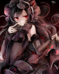 Rule 34 | 1girl, abyssal ship, black hair, clothes lift, dress, dress lift, glowing, glowing eyes, gothic lolita, isolated island oni, kantai collection, lolita fashion, long hair, looking at viewer, one-hour drawing challenge, pale skin, red eyes, signature, smile, solo, toosaka asagi