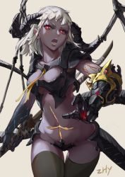 Rule 34 | 1girl, albino, armor, beige background, bikini armor, black skin, black thighhighs, breasts, cleavage, colored skin, copyright request, cowboy shot, cross, demon girl, demon horns, gauntlets, gem, gluteal fold, highres, holding, holding weapon, horns, inverted cross, long hair, midriff, necktie, open mouth, red eyes, revealing clothes, scar, simple background, solo, stomach, tail, teeth, thigh gap, thighhighs, veins, weapon, white hair, yellow necktie, z.h.y