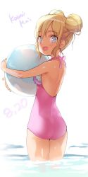 Rule 34 | 1girl, ass, ball, bare back, bare shoulders, beachball, blonde hair, blue eyes, character name, double bun, emily (pure dream), from behind, hair bun, kawai mai, long hair, looking back, hugging object, one-piece swimsuit, open mouth, pan de peace!, pink one-piece swimsuit, simple background, smile, solo, swimsuit, wading, water, white background