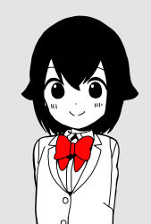 Rule 34 | 1girl, alternate hair color, arms behind back, blazer, bow, bowtie, buttons, closed mouth, collared shirt, commentary request, cosplay, dot nose, grey background, greyscale, hair between eyes, happy, highres, hitori bocchi, hitori bocchi (cosplay), hitoribocchi no marumaru seikatsu, jacket, katsuwo (cr66g), looking at viewer, monochrome, red bow, red bowtie, school uniform, shirt, short hair, simple background, smile, solo, split mouth, spot color, sunao nako, upper body