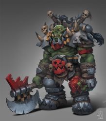 Rule 34 | 1boy, armor, axe, battle, battle axe, belt, boots, colored skin, dabanaworks, full body, green skin, highres, holding, holding axe, holding weapon, orc, ork (warhammer), pointy ears, sharp teeth, skull, solo, spikes, teeth, tusks, warhammer 40k, weapon, white background, yellow eyes