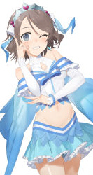 Rule 34 | 10s, 1girl, ;d, bare shoulders, blue eyes, blue skirt, blue wings, blush, bow, bracelet, breasts, brown hair, cleavage, cleavage cutout, clothing cutout, collarbone, commentary request, cowboy shot, detached sleeves, elbow gloves, frilled skirt, frills, gloves, grin, hair bobbles, hair ornament, hair ribbon, hand on own cheek, hand on own face, hayashi kewi, heart, highres, index finger raised, jewelry, long sleeves, looking at viewer, looking back, love live!, love live! school idol festival, love live! sunshine!!, midriff, miniskirt, navel, one eye closed, open mouth, pearl bracelet, pleated skirt, ribbon, shiny skin, short hair, single elbow glove, skirt, small breasts, smile, solo, standing, standing on one leg, stomach, striped, striped bow, swept bangs, tare nu (usesase), tareme, teeth, tiara, watanabe you, white ribbon, wings