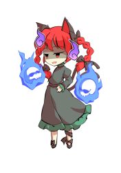 Rule 34 | 1girl, animal ears, braid, cat ears, cat tail, clip studio paint (medium), dairi, dress, full body, green dress, hitodama, juliet sleeves, kaenbyou rin, long hair, long sleeves, multiple tails, nekomata, puffy sleeves, red hair, skull, solo, standing, tachi-e, tail, touhou, transparent background, twin braids, twintails, two tails
