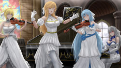 Rule 34 | 4girls, alternate costume, archstreal, artist name, azur lane, bare shoulders, blonde hair, blue bow, blue eyes, blue hair, blue scarf, blush, bow, bowtie, breasts, champagne (azur lane), church, cleavage, closed eyes, closed mouth, cross, cross necklace, dress, elbow gloves, feet out of frame, gloves, grey hair, hair ornament, hair ribbon, highres, holding, holding instrument, holding violin, instrument, jeanne d&#039;arc (azur lane), jewelry, large breasts, long hair, looking away, looking down, medium breasts, mosaic pattern, multiple girls, necklace, open mouth, pantyhose, piano, ponytail, red eyes, ribbon, richelieu (azur lane), saint-louis (azur lane), saint-louis (holy knight&#039;s resplendence) (azur lane), scarf, sitting, smile, standing, violin, white dress, white gloves, white legwear