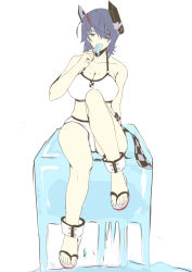 Rule 34 | 1girl, bikini, breasts, cleavage, eating, eyepatch, feet, flip-flops, food, food in mouth, full body, headgear, highres, ice, ice cube, kantai collection, large breasts, melting, oversized object, popsicle, popsicle in mouth, purple hair, sandals, short hair, sitting, solo, swimsuit, taira yuuki, tenryuu (kancolle), white background, white bikini, yellow eyes