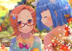 Rule 34 | 2girls, :o, ^ ^, autumn leaves, blue hair, blue shirt, blunt bangs, blurry, blurry background, blurry foreground, blush, bow, brown eyes, brown sailor collar, brown shirt, closed eyes, closed mouth, commission, depth of field, forehead, glasses, hair ornament, hair ribbon, hairclip, highres, kou hiyoyo, leaf, maple leaf, multiple girls, outdoors, pani poni dash!, parted bangs, parted lips, pixiv commission, profile, red-framed eyewear, red bow, ribbon, sailor collar, school uniform, serafuku, shirt, smile, sunset, suzuki sayaka, tree, twintails, uehara miyako, upper body, white ribbon, yellow shirt