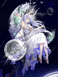 Rule 34 | 1girl, beartoris, food fantasy, full body, highres, horns, looking at viewer, milt (food fantasy), night, night sky, official art, pale skin, planet, purple hair, second-party source, sky, solo, star (sky), starry sky, yellow eyes