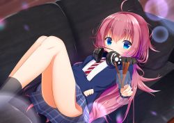 Rule 34 | 10s, 1girl, ahoge, bang dream!, black socks, blazer, blue eyes, blue jacket, blue skirt, bubble background, chalice, commentary request, couch, cup, food, hand on own stomach, headphones, headphones around neck, highres, holding, holding cup, indoors, jacket, jerky, knees up, koh (user kpcu7748), long hair, long sleeves, looking at viewer, lying, miniskirt, mouth hold, necktie, on back, on couch, plaid, plaid skirt, red hair, red necktie, school uniform, skirt, socks, solo, striped necktie, striped neckwear, tamade chiyu, very long hair