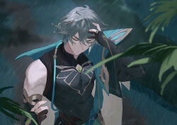 Rule 34 | 1boy, abs, alhaitham (genshin impact), arabian clothes, black sleeves, closed eyes, closed mouth, covered navel, genshin impact, grass, grey hair, hand on own head, muscular, outdoors, pectorals, plant, rain, sachico66, shirt, short hair, single bare shoulder, solo, standing, tight clothes, tight shirt, upper body, v-shaped eyebrows