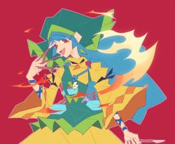 Rule 34 | 1girl, apron, arm ribbon, arm up, between fingers, blue hair, blue ribbon, brush, dress, fire, flower, green apron, green headwear, guuchama, hand up, haniyasushin keiki, holding, long hair, long sleeves, looking at viewer, open mouth, pink eyes, red background, ribbon, simple background, smile, solo, standing, touhou, white flower, yellow dress, yellow sleeves