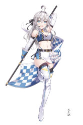 Rule 34 | 1girl, ahoge, alisa mikhailovna kujou, alternate costume, arm behind head, arm up, armpits, bare shoulders, black thighhighs, blue eyes, blue gloves, boots, breasts, checkered flag, cleavage, cleavage cutout, clothing cutout, crop top, cross-laced footwear, detached sleeves, fingerless gloves, flag, frilled gloves, frills, full body, gabiran, gloves, hair ribbon, half updo, high heel boots, high heels, highleg, highres, holding, holding flag, long hair, long sleeves, looking at viewer, medium breasts, midriff, navel, official art, open mouth, panty straps, race queen, ribbon, shirt, skirt, sleeveless, sleeveless shirt, smile, solo, standing, standing on one leg, stomach, thigh boots, thighhighs, thighs, tokidoki bosotto roshia-go de dereru tonari no arya-san, two-tone shirt, two-tone skirt, white footwear, white hair, white shirt, white skirt, white thighhighs, wing collar, zettai ryouiki