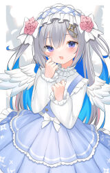 Rule 34 | 1girl, absurdres, amane kanata, angel wings, blue eyes, blue hair, blush, center frills, colored inner hair, dress, feathered wings, flower, frilled shirt collar, frilled sleeves, frills, grey hair, hair ornament, hairband, hairclip, highres, hololive, lolita hairband, long hair, long sleeves, looking at viewer, multicolored hair, open mouth, solo, toui penko, two side up, very long hair, virtual youtuber, wings