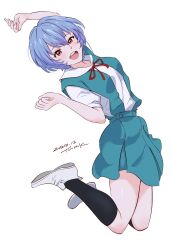 Rule 34 | 1girl, :d, absurdres, aqua skirt, arm up, artist name, ayanami rei, black socks, blue hair, blush, breasts, commentary, curled fingers, dated, dress shirt, excited, feet up, from side, full body, hair between eyes, hand up, highres, jumping, kneehighs, light blush, looking at viewer, looking to the side, medium breasts, neck ribbon, neon genesis evangelion, open mouth, pleated skirt, red eyes, red ribbon, ribbon, school uniform, shirt, shoes, short hair, short sleeves, signature, simple background, skirt, smile, socks, solo, suspender skirt, suspenders, tokyo-3 middle school uniform, tsunemoku, white background, white footwear, white shirt