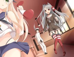 Rule 34 | 10s, 1boy, 2girls, admiral (kancolle), amatsukaze (kancolle), black panties, blonde hair, clothes theft, elbow gloves, gloves, hair tubes, hairband, hat, kantai collection, leaf1031, long hair, md5 mismatch, military, military uniform, multiple girls, naval uniform, panties, pantyshot, peaked cap, pleated skirt, shimakaze (kancolle), silver hair, skirt, striped clothes, striped legwear, striped thighhighs, theft, thighhighs, twintails, two side up, underwear, uniform, white gloves
