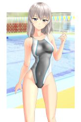 Rule 34 | 1girl, absurdres, blue eyes, blurry, breasts, competition swimsuit, covered navel, cowboy shot, depth of field, girls und panzer, grey one-piece swimsuit, highleg, highleg swimsuit, highres, itsumi erika, looking at viewer, medium breasts, medium hair, one-piece swimsuit, parted lips, pool, silver hair, solo, standing, string of flags, swimsuit, takafumi