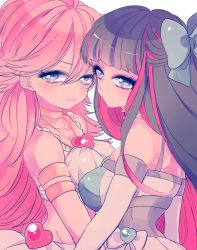 Rule 34 | 10s, 2girls, bad id, bad pixiv id, blue hair, bow, choker, corset, elbow gloves, eyelashes, gloves, hair bow, heart, heart-shaped pupils, highres, long hair, magical girl, multicolored hair, multiple girls, nkoooooo, panty &amp; stocking with garterbelt, panty (psg), pink hair, pink theme, siblings, sisters, stocking (psg), symbol-shaped pupils, two-tone hair