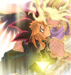 Rule 34 | 2boys, atem, blonde hair, bracelet, chain, choker, closed mouth, commentary request, dark-skinned male, dark skin, dyed bangs, egyptian, eye contact, face-to-face, fingernails, glowing, glowing hair, hand grab, jewelry, looking at another, male focus, millennium puzzle, multicolored hair, multiple boys, muto yugi, open mouth, pink eyes, purple hair, ring, school uniform, smile, spiked hair, tongue, unko yoshida, yu-gi-oh!, yu-gi-oh! duel monsters