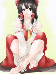 Rule 34 | 1girl, ascot, bad id, bad pixiv id, barefoot, black hair, bow, brown eyes, detached sleeves, face, feet, female focus, hair bow, hakurei reimu, own hands clasped, hands on feet, japanese clothes, long hair, miko, own hands together, smile, solo, somsom, touhou, v arms