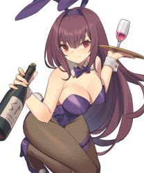 Rule 34 | 1girl, animal ears, bare shoulders, blush, bottle, breasts, cleavage, cup, detached collar, drinking glass, fake animal ears, fate/grand order, fate (series), fishnet pantyhose, fishnets, hairband, highleg, highleg leotard, kildir, large breasts, leotard, long hair, looking at viewer, official alternate costume, pantyhose, playboy bunny, purple hair, purple hairband, purple leotard, purple neckwear, rabbit ears, red eyes, scathach (fate), scathach (piercing bunny) (fate), simple background, smile, strapless, strapless leotard, white background, wine bottle, wine glass, wrist cuffs
