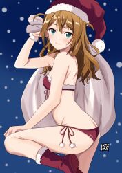 Rule 34 | 1girl, aqua eyes, ass, baba konomi, bare shoulders, bikini, blush, boots, breasts, brown hair, butt crack, christmas, closed mouth, commentary, earrings, from side, fur-trimmed bikini, fur-trimmed boots, fur trim, hair between eyes, hat, highres, holding, holding sack, idolmaster, idolmaster million live!, jewelry, pom pom (clothes), ponpon, red footwear, sack, santa hat, shoulder blades, side-tie bikini bottom, small breasts, snowing, solo, standing, standing on one leg, star (symbol), star earrings, strapless, strapless bikini, swimsuit, thighs