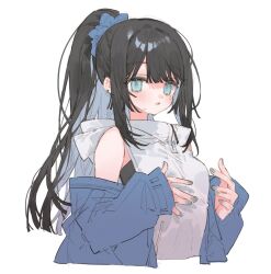 Rule 34 | 1girl, black hair, blue eyes, blue hair, blue jacket, blue nails, blush, breasts, ear piercing, hair ornament, hair scrunchie, hood, hood down, jacket, long hair, long sleeves, looking at viewer, mole, mole under eye, multicolored hair, nail polish, off shoulder, original, parted lips, piercing, po chino, ponytail, scrunchie, sidelocks, simple background, sleeveless, sleeves past wrists, solo, sweat, upper body, very long hair, white background