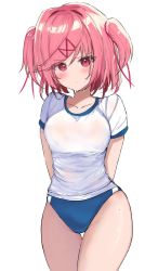 Rule 34 | 1girl, absurdres, arms behind back, b4 (yonten), blush, breasts, buruma, commentary, doki doki literature club, gym uniform, hair ornament, hairclip, highres, looking at viewer, natsuki (doki doki literature club), pink eyes, pink hair, short hair, simple background, solo, sweat, two side up, white background