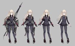 Rule 34 | 10s, 1girl, alternate costume, blonde hair, blue eyes, character sheet, cropped jacket, cross, full body, grey background, high heels, iron cross, kantai collection, lance, long hair, long sleeves, microskirt, multiple views, pantyhose, pleated skirt, polearm, ruisento, shield, simple background, skirt, standing, u-511 (kancolle), weapon, weapon on back