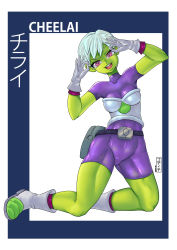 Rule 34 | 1girl, absurdres, armor, belt, bodysuit, boots, breastplate, breasts, character name, cheelai, collarbone, colored skin, dragon ball, dragon ball super, dragon ball super broly, full body, gloves, godichi, green skin, highres, kneeling, looking at viewer, medium breasts, purple eyes, short hair, short sleeves, silver hair, solo, white gloves