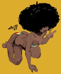 Rule 34 | 1girl, absurdres, afro, artist name, ass, bikini, black hair, breasts, cleavage, dark-skinned female, dark skin, hair over eyes, hand up, highres, medium breasts, open mouth, original, simple background, smile, solo, swimsuit, viv (whoopsatro), w, whoopsatro, yellow background