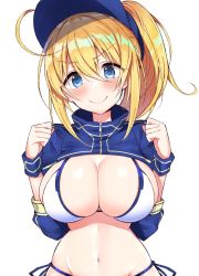 Rule 34 | &gt;:), 1girl, ahoge, artoria pendragon (fate), baseball cap, bikini, blonde hair, blue eyes, blush, breasts, cleavage, clenched hands, clothes lift, fate/grand order, fate (series), hands up, hat, highres, ichi-jirushi, large breasts, long hair, looking at viewer, mysterious heroine x (fate), mysterious heroine xx (fate), navel, ponytail, shirt lift, shrug (clothing), side-tie bikini bottom, simple background, smile, solo, swimsuit, white background, white bikini, wristband