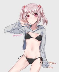 Rule 34 | 1girl, alternate costume, bikini, black bikini, breasts, commentary request, hair bobbles, hair ornament, highres, hood, hooded sweater, hoodie, kantai collection, looking at viewer, one-hour drawing challenge, pink eyes, pink hair, sazanami (kancolle), sazanami kai (kancolle), short hair, side-tie bikini bottom, simple background, sitting, small breasts, solo, sugamo (rainysnowy108), sweater, swimsuit, twintails, white background