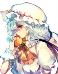 Rule 34 | 1girl, apple, ascot, bat wings, blue hair, food, from side, fruit, hat, looking at viewer, looking to the side, mob cap, profile, puffy short sleeves, puffy sleeves, red eyes, remilia scarlet, shirt, short sleeves, solo, touhou, upper body, vima, wavy hair, white shirt, wings, wrist cuffs