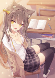 Rule 34 | 1girl, animal ear fluff, animal ears, black thighhighs, blush, bow, breasts, brown cardigan, brown hair, cardigan, cat ears, cat girl, cat tail, classroom, cleavage, collarbone, desk, finger to mouth, hair bow, highres, hoshi (snacherubi), indoors, long hair, long sleeves, looking at viewer, medium breasts, nail polish, non-web source, open cardigan, open clothes, open mouth, original, pleated skirt, school desk, school uniform, shirt, shoes, sidelocks, sitting, skirt, smile, solo, tail, tail raised, thighhighs, unbuttoned, unbuttoned shirt, uwabaki, white shirt, yellow eyes, yellow nails, zettai ryouiki