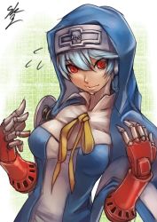 Rule 34 | 1girl, android, blue hair, breasts, bridget (guilty gear) (cosplay), closed mouth, company connection, cosplay, flying sweatdrops, guilty gear, guilty gear xx, habit, highres, hood, labrys (persona), looking at viewer, nun, persona, persona 4: the ultimate in mayonaka arena, red eyes, small breasts, smile, solo, sowel (sk3), upper body