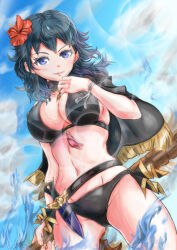 Rule 34 | 1girl, armpits, artist request, beach, belt, bikini, black bikini, blue eyes, blue hair, breasts, byleth (female) (fire emblem), byleth (female) (summer) (fire emblem), byleth (fire emblem), cleavage, clenched hands, collarbone, dagger, dark blue hair, day, eyelashes, female focus, fire emblem, fire emblem: three houses, flower, flower on head, from below, gluteal fold, groin, hand on own chest, hand up, happy, highres, intelligent systems, knife, legs, lips, looking at viewer, medium breasts, medium hair, messy hair, midriff, navel, neck, nintendo, ocean, official alternate costume, outdoors, partially submerged, side-tie bikini bottom, sidelocks, sky, smile, standing, summer, swimsuit, thighs, weapon, wristband