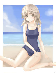 Rule 34 | 1girl, bad feet, bad id, bad pixiv id, beach, blonde hair, brown eyes, day, feet, fiction (artist), fiction (forged), highres, one-piece swimsuit, original, school swimsuit, solo, swimsuit