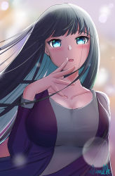 Rule 34 | 1girl, absurdres, aquaplus, arm up, black hair, blue eyes, blush, breasts, cleavage, collarbone, gradient eyes, gradient hair, highres, hime cut, large breasts, lips, long hair, long sleeves, looking at viewer, multicolored eyes, multicolored hair, nalumille, open mouth, sidelocks, signature, solo, sweater, touma kazusa, very long hair, white album, white album (series), white album 2