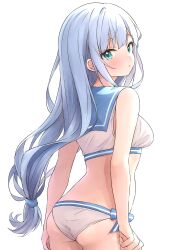 Rule 34 | 1girl, :o, absurdres, alternate costume, aqua eyes, ass, b1ack illust, blue hair, blush, breasts, commentary, highres, idolmaster, idolmaster million live!, long hair, looking at viewer, looking back, low-tied long hair, medium breasts, sailor bikini, sailor collar, sailor swimsuit (idolmaster), shiraishi tsumugi, simple background, solo, very long hair, white background