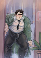 Rule 34 | 1boy, ace attorney, bandaid, bandaid on face, bandaid on nose, bara, black hair, blush, breath, bulge, coat, covered abs, covered erect nipples, dick gumshoe, facial hair, feet out of frame, green coat, highres, huwenlang, male focus, mature male, muscular, muscular male, pants, pectorals, shirt, short hair, sideburns, solo, standing, stubble, thick eyebrows, thick thighs, thighs, tight clothes, tight pants, wet, wet clothes, wet shirt